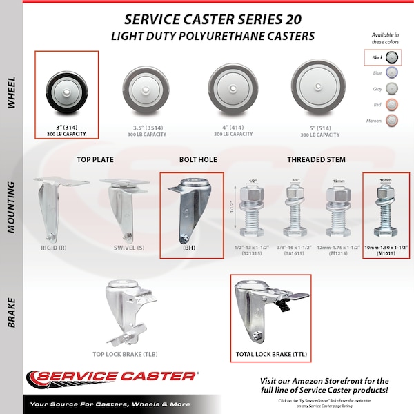 Service Caster 3 Inch Black Polyurethane Swivel 10mm Stem Caster Set with Total Lock Brake SCC-TSTTL20S314-PPUB-BLK-M1015-4 - main